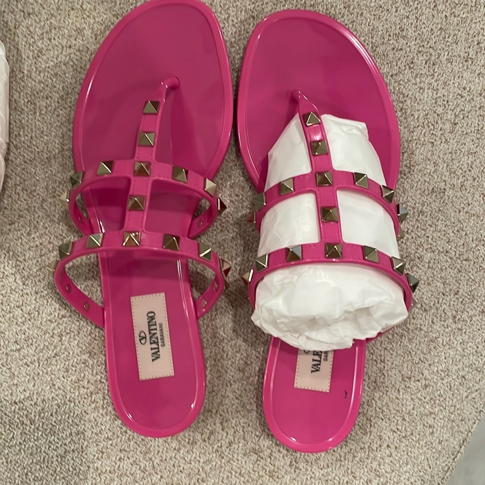 Valentino Pink Studded T-Strap Slide Sandals